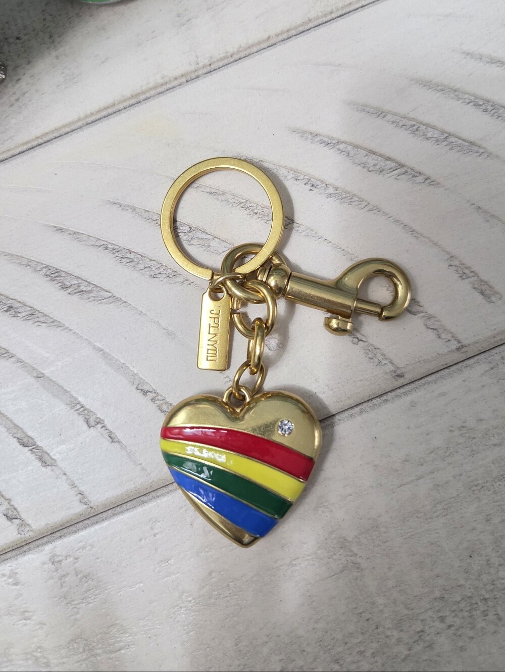 Rainbow Striped Heart Bag Charm Gold Enamel Purse Keychain, NIP